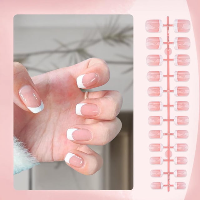 Set French Pink Square Short Fake Nail Press White On Edge Pink Tips Tip Full-cover Nail G2i0
