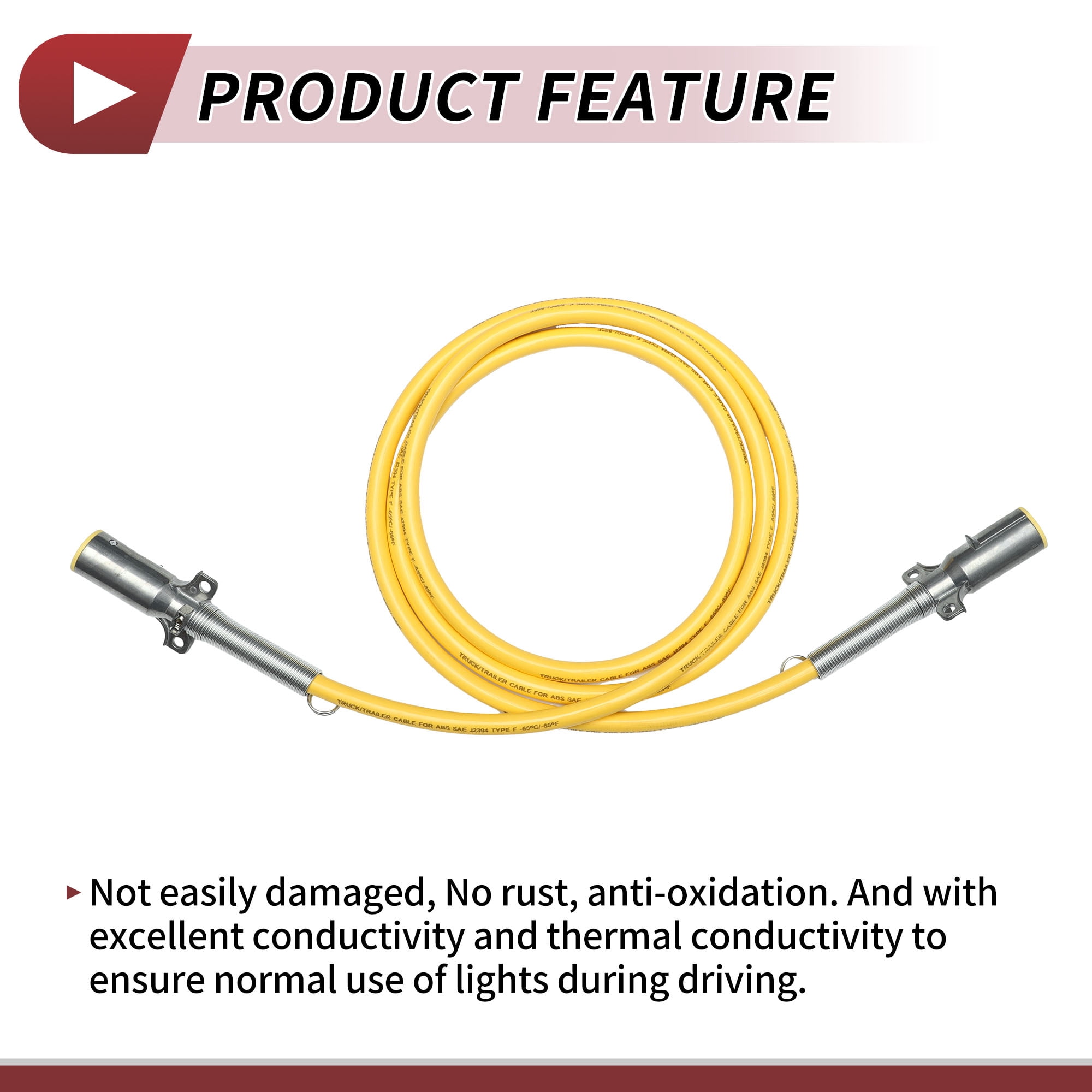 12-Foot 7-Way Coiled Trailer Cord - Yellow Zinc Alloy Male Plug For Semi Trucks