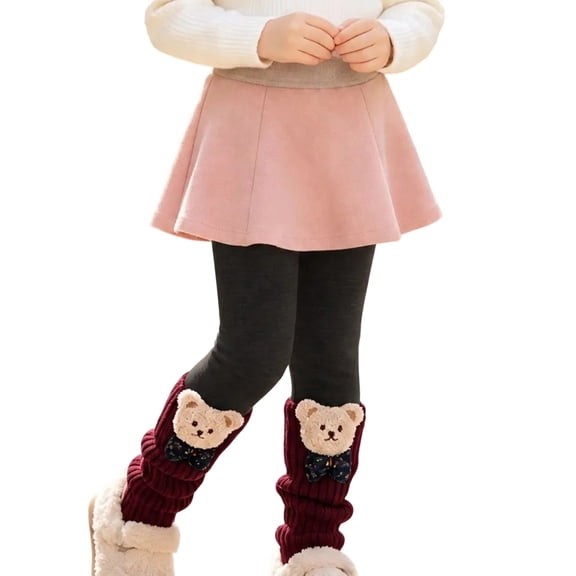 Gaxelrn Girls Black Thermal Leggings, Bear Applique High Waisted Pull-On Pants 2-13 Years,Size 4-6 T