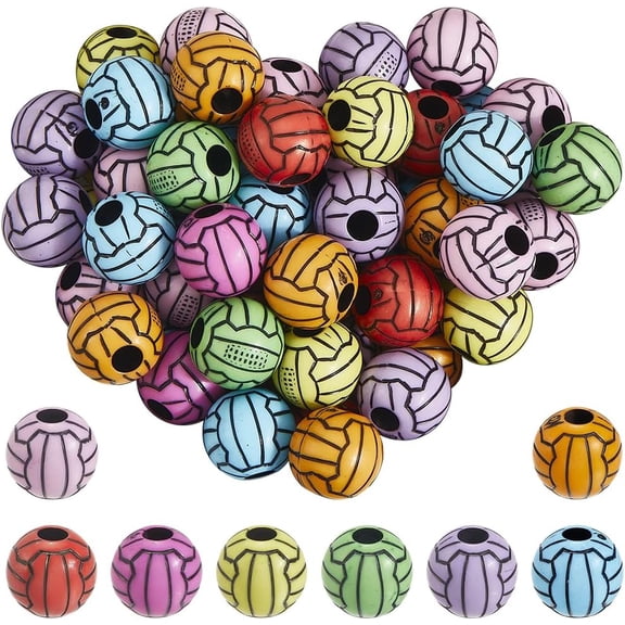 200Pcs Volleyball Beads Charms Sports Ball Beads Bulk 11x10mm Round Mixed Colors Acrylic Loose Spacers