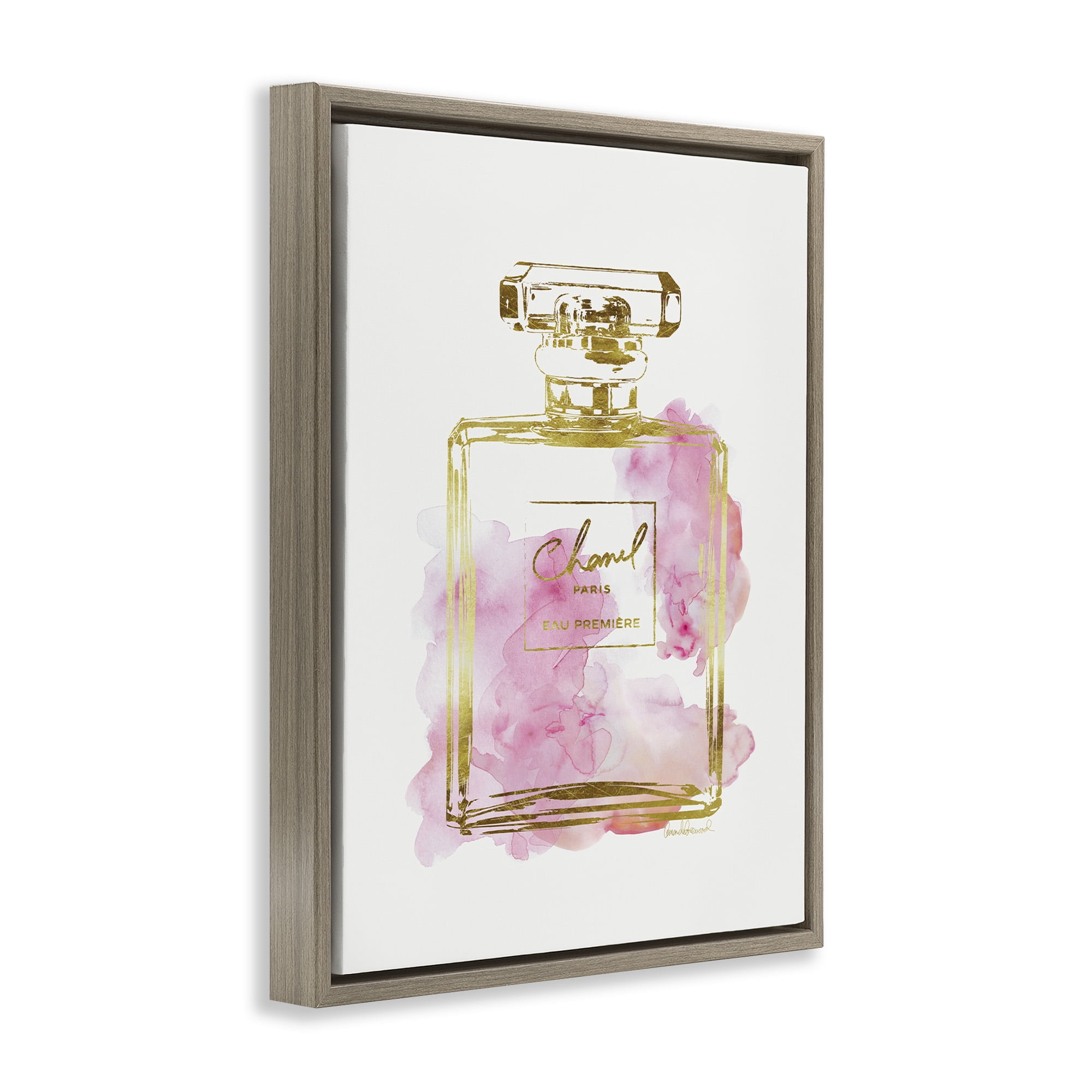 Stupell Industries Glam Perfume Bottle Gold Pink Beauty & Fashion Painting Brown Floater Framed Canvas Art Print Wall Art, 17 x 21