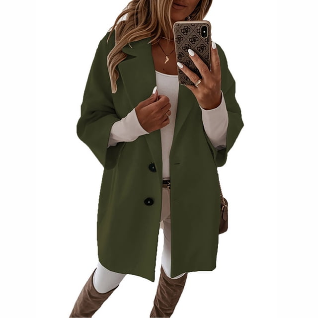 Abrigo de lana para mujer, cuello vuelto, manga tres cuartos, abrigo de invierno con un solo pecho, OD verde 2XL