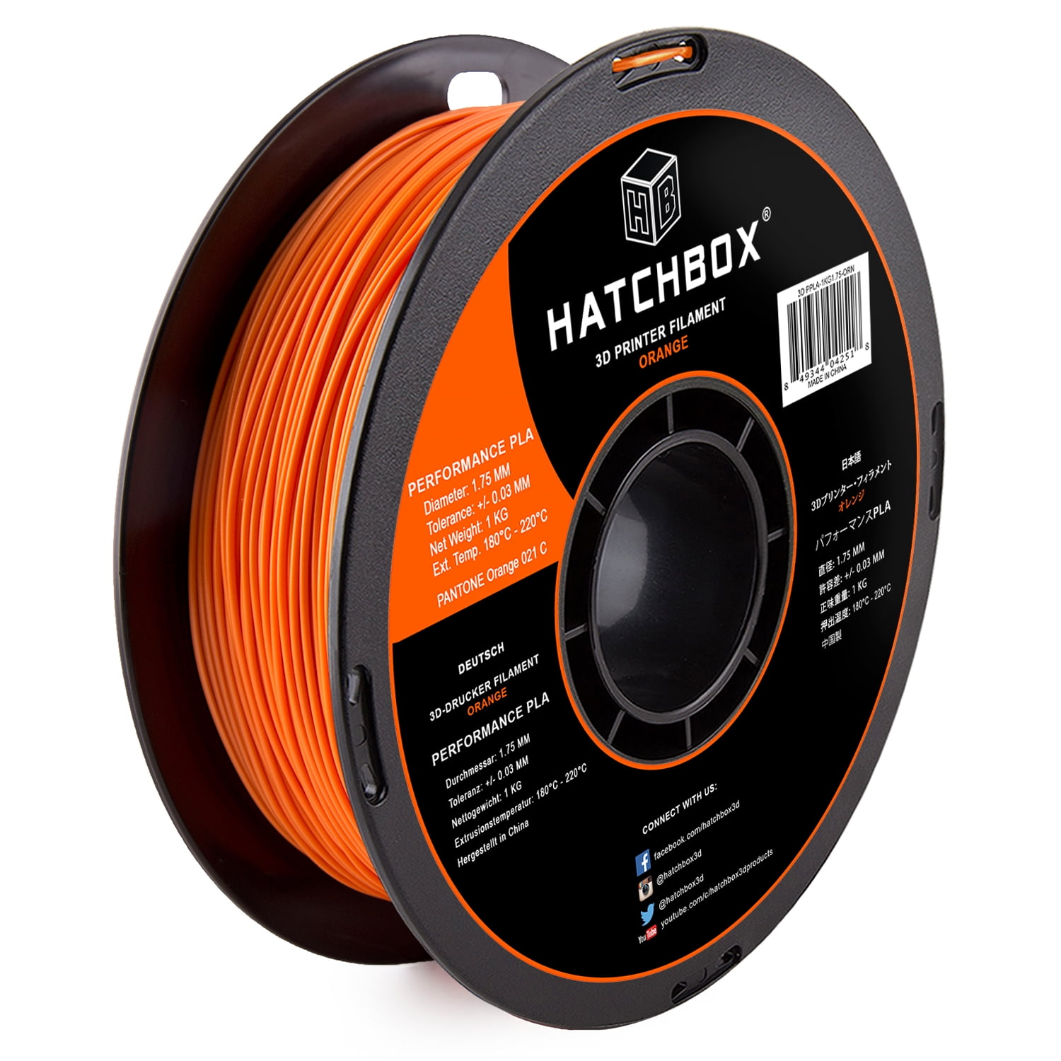 HATCHBOX 3D PPLA1KG1.75ORN Performance PLA 3D Printer Filament