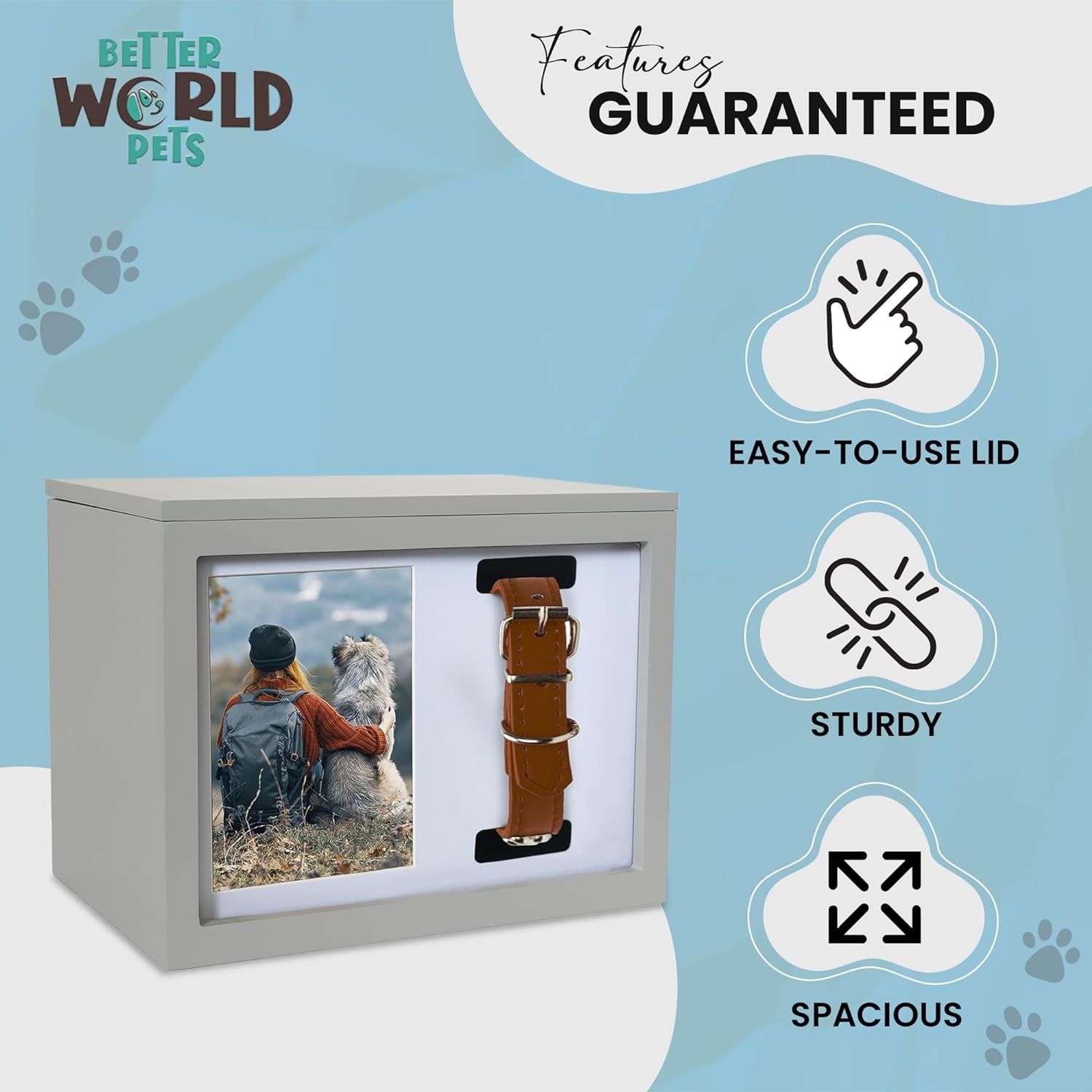 Better World Pets Urn and Keepsake Box Memorial, 4"x6" Photo Frame Holds with Collar Display, Cats and Dogs Picture Frame, Gray