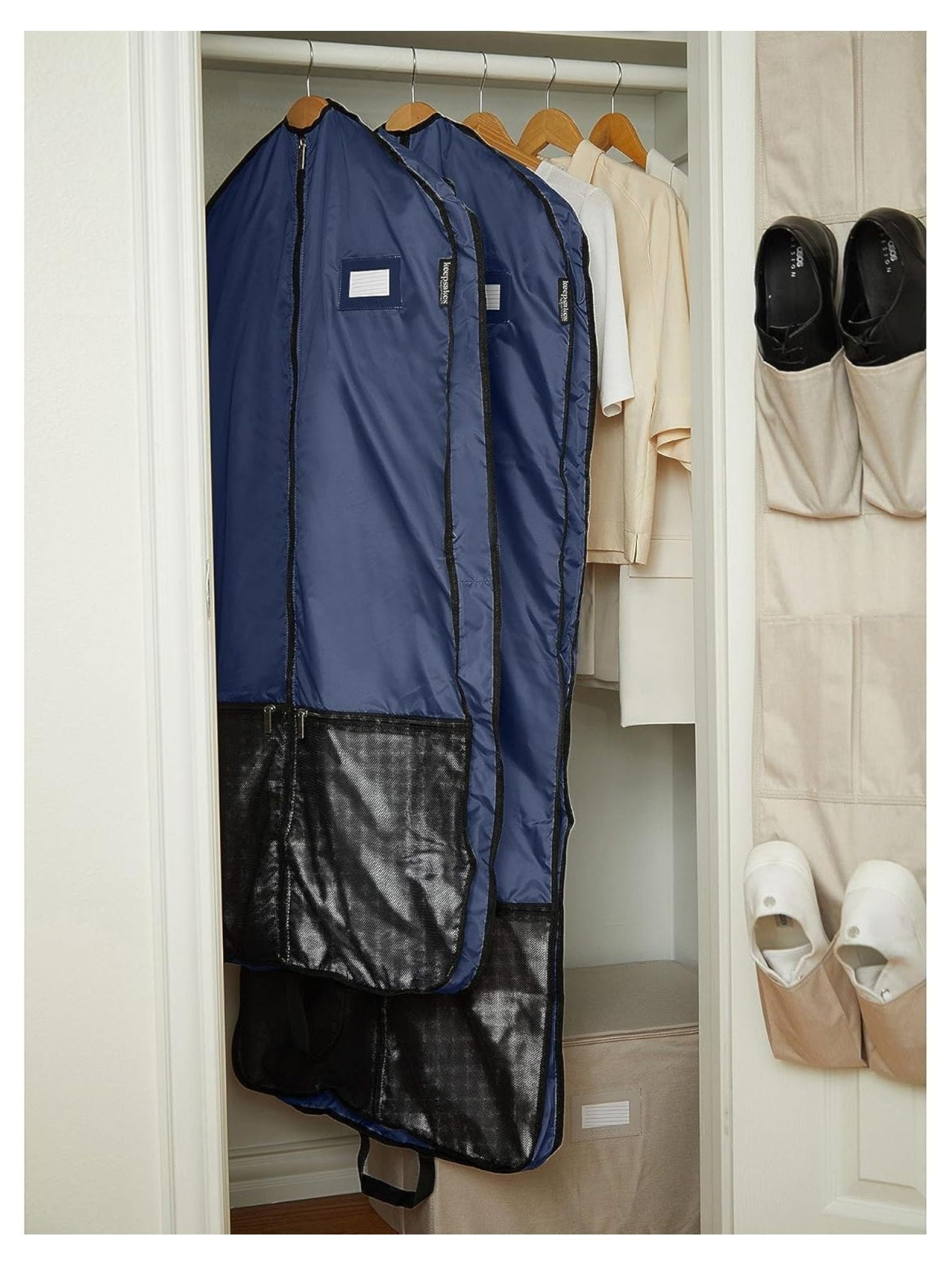 Keepsakes Deluxe Garment Bag Set - Premium Polyester - Full Length Zipper - ID Window - Carrying Handles - Stowaway Pouch - Closet Storage, Blue