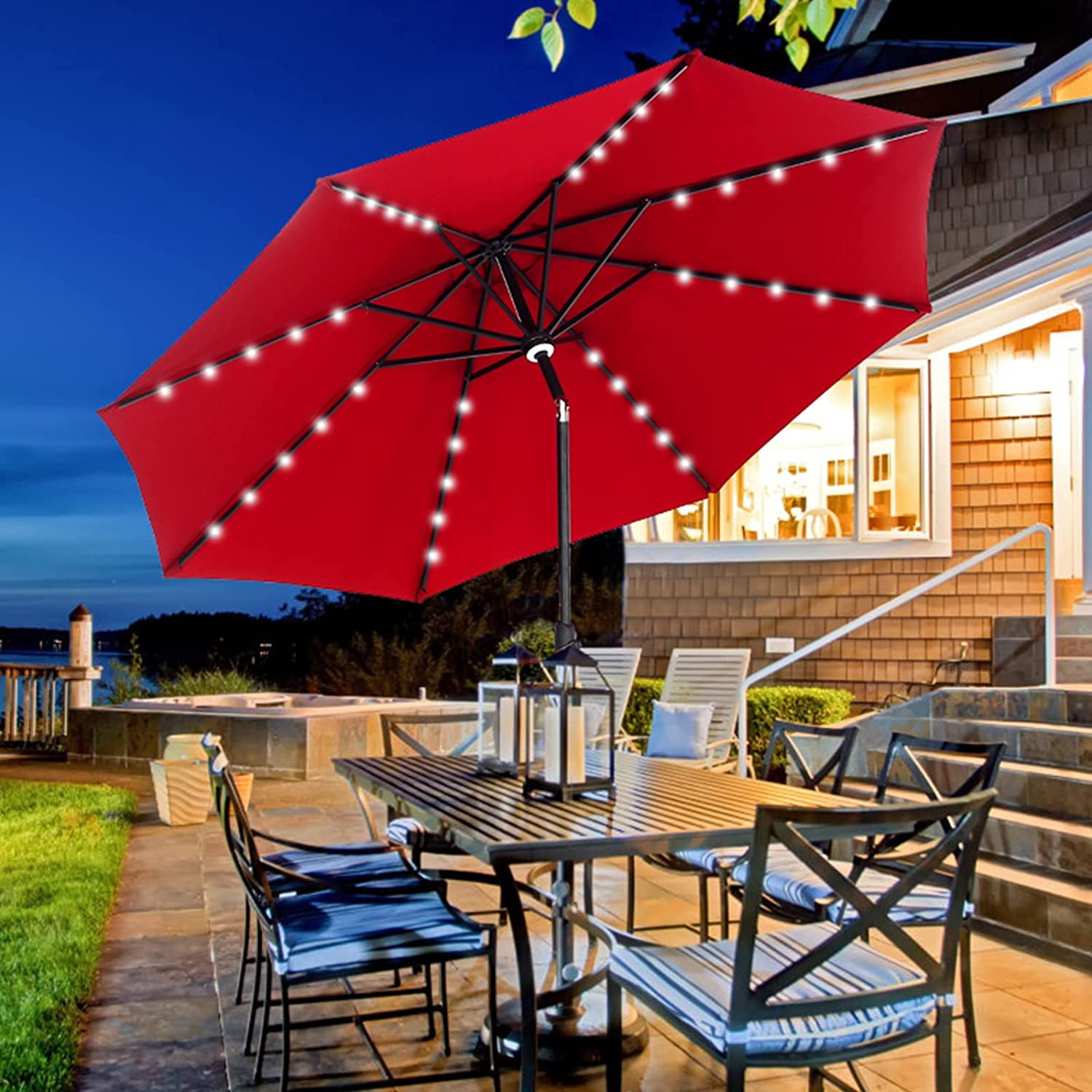 9/10FT Patio Umbrella with Solar LED Lights, Large Outdoor Table