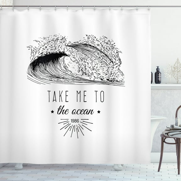 Ambesonne Beach Saying Shower Curtain, 1986 Ocean Surf Waves, 69"Wx70"L, Black and White