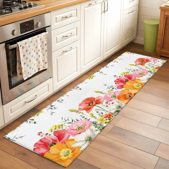 Runner Rug 2 x 6 Ft, Pink Yellow Floral Washable Non-Slip Floor Mat for Kitchen Hallway/Entryway, Spring Flowers Elegant Botanical Long Kitchen Runner Area Rugs for Living Room, Low-Profile