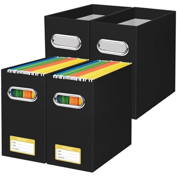 File Organizer Box, Cardboard File Folder Organizer with Handle for Letter Size, Portable Collapsible Hanging Filing Box for Home Office Document Storage (4 Pack, Black)$$Office