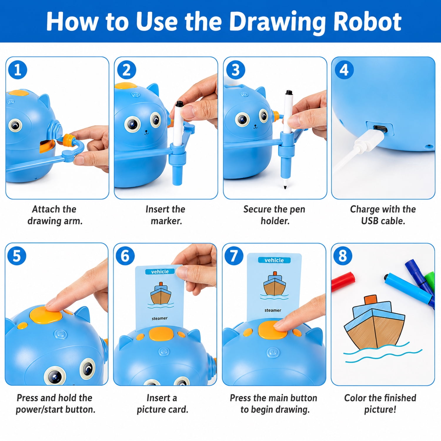 Drawing Robot for Kids, Interactive Educational Drawing Robot with Voice Interaction, Magic Painting Robot Toy with 100 Word Cards & 16 Color Pens for Girls and Boys Age 3+ (Blue)