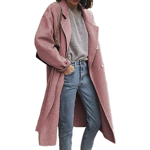 LinYooLi Trench Coats for Women Casual Button Up Lapel Long Solid Color Coat Wool Blend Overcoat Shacket Jacket