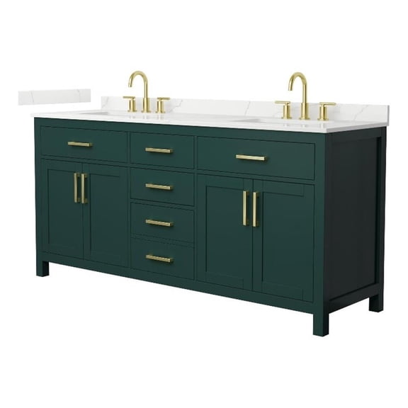 Beckett 72" Green Double Vanity & Giotto Quartz Top (3-Hole) & Gold Trim