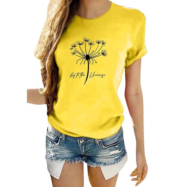 UKAP Ladies T Shirts Short Sleeve Tops Crew Neck Relax Fit Beach Tee Yellow XL