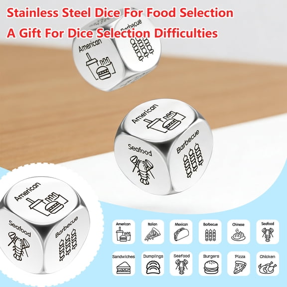 Stainless Steel Food Decision Dice for Dinner Selection Fun Couple Game Gift for Date Night with Pizza Seafood and Burger Options