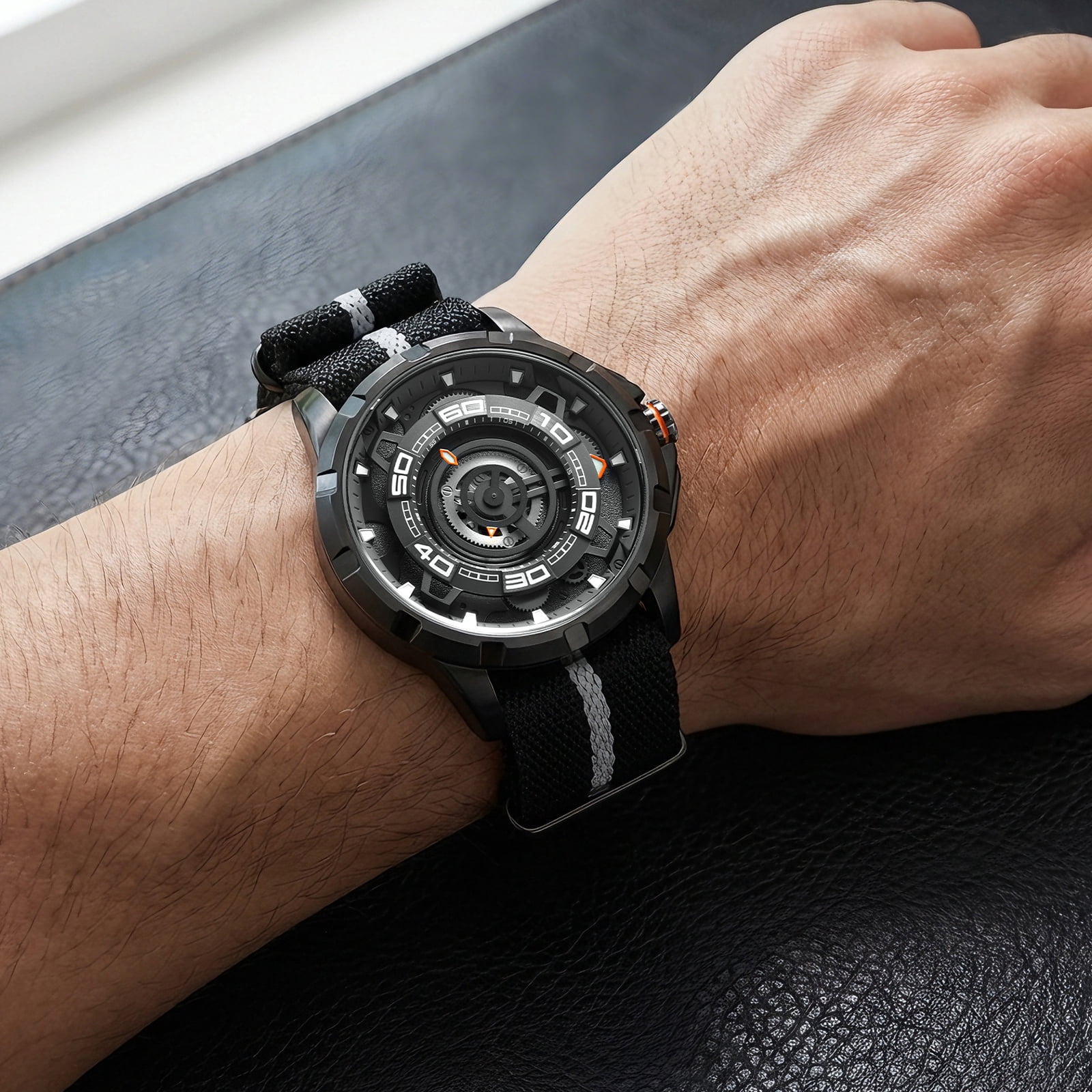 BERNY Mens Skeleton Automatic Watch, Luxury Fashion Self Winding Mechanical Watch with Nylon Strap, Exhibition Caseback, Sapphire Crystal, Luminous 50M Waterproof Watches for Mens Gifts (Black)