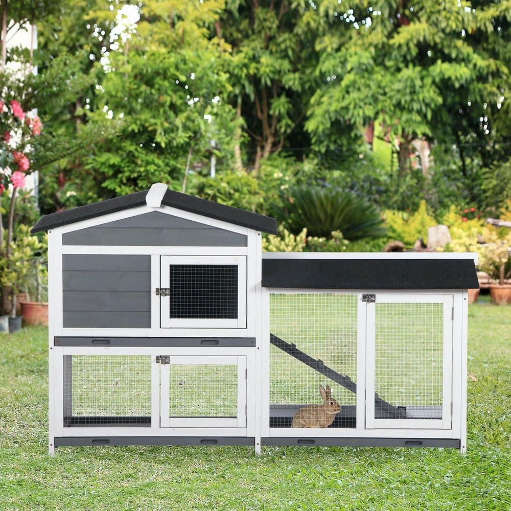 Spaco 2-tier Indoor Rabbit Enclosure, Wood Hutch Backyard Small Animal House Ramp Outdoor Run Enclosed, Guinea Pig Cage, Gray