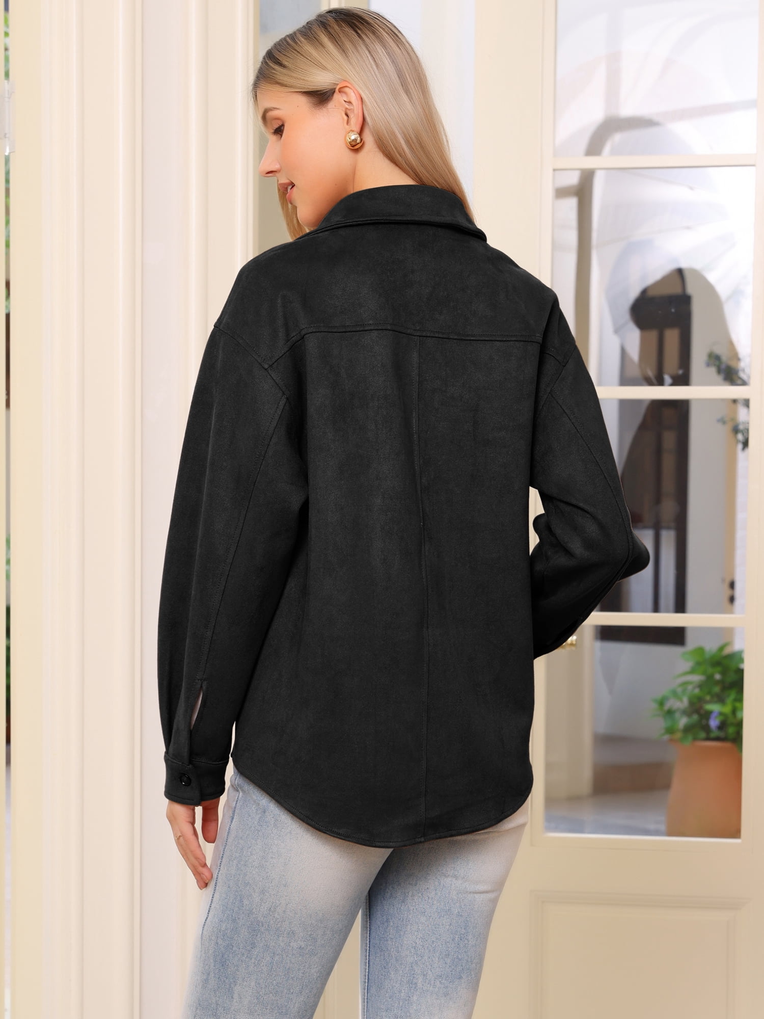 DARING DIVA Women's Turn-Down Collar Long Sleeve Button Down Jacket L Black