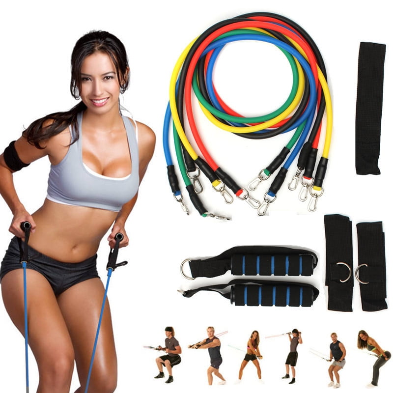 11 PCS Resistance Band Kit Yoga Pilates Abs Exercise Fitness Tube Workout Bands 