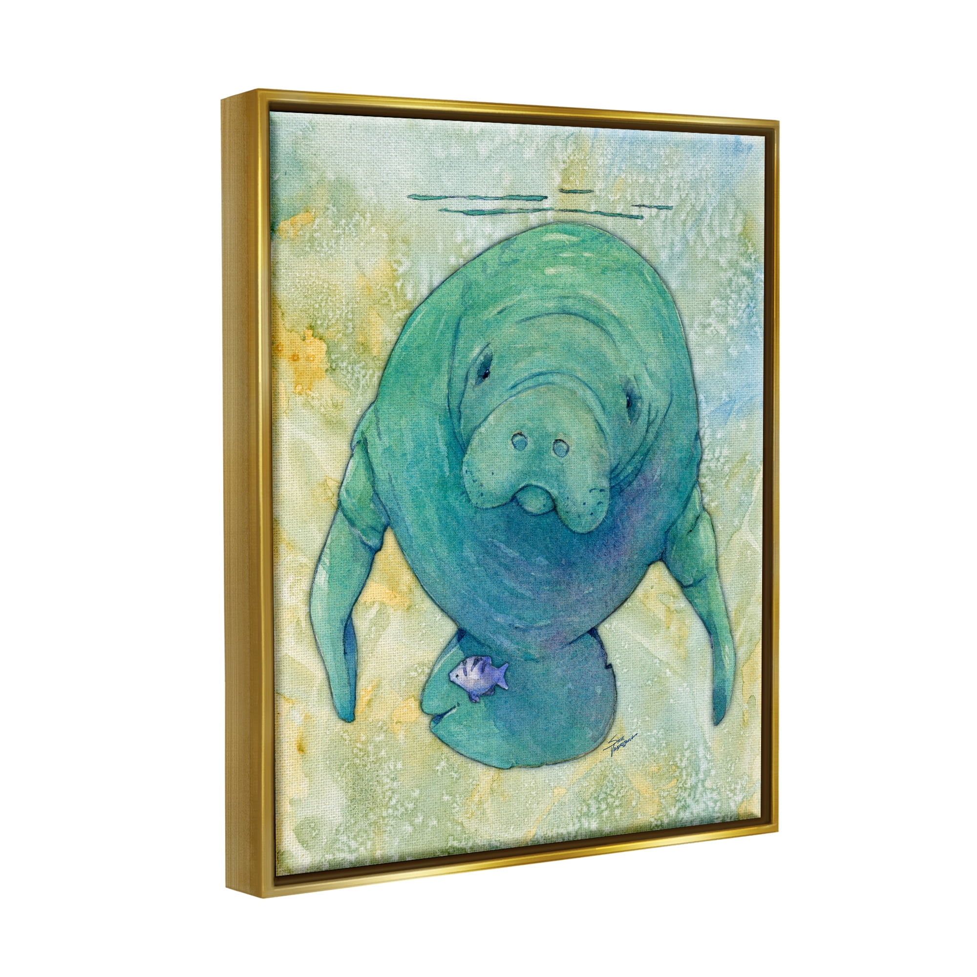 Stupell Industries Green Manatee Underwater Animals & Insects Painting Gold Floater Framed Art Print Wall Art, 25 x 31