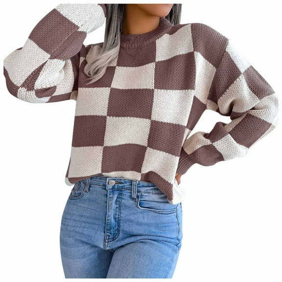 oqasdz Sweaters for Women Ladies Fall and Winter Street Wind Contrast Plaid Long Sleeve Pullover Knitted Sweater Casual Versatile