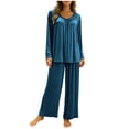 thumbnail image 4 of BOVXNPU Pajama Set For Women Women Solid Summer Lightweight Round-Neck Long-Sleeved Long Pants Home Attire Set Of 2 Pieces Women Sleepwear, 4 of 7