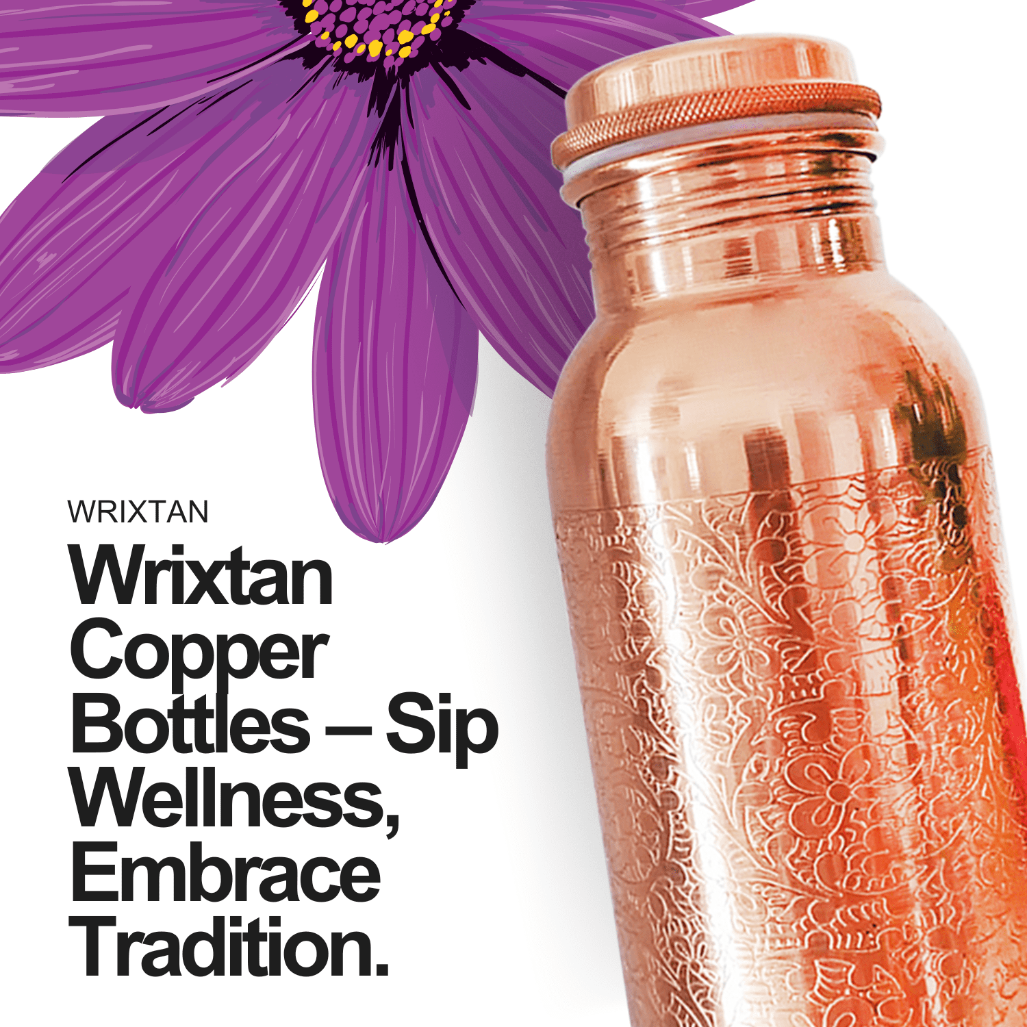 Wrixtan Engraved Copper Water Bottle, 1000ml