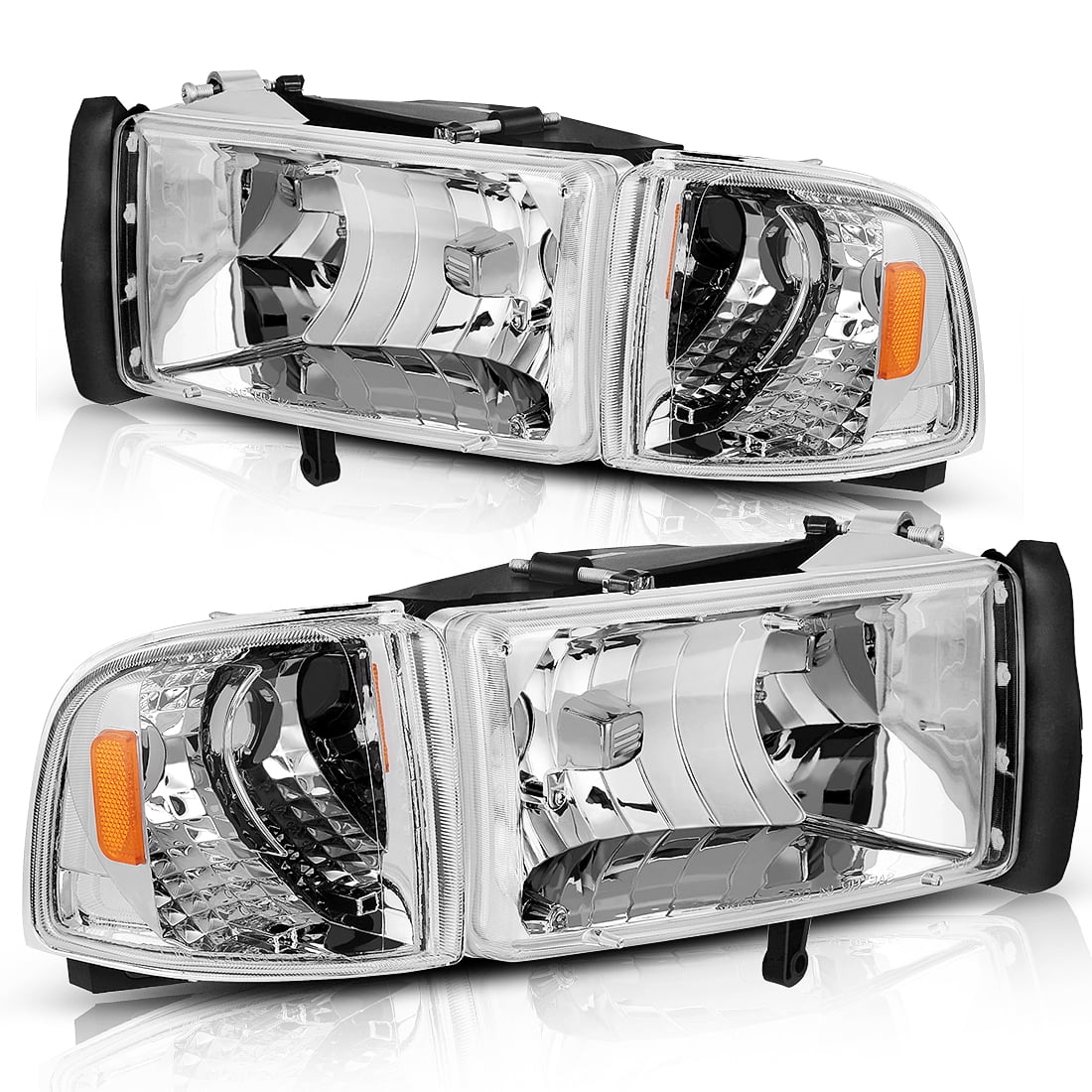 RVNI Chrome Housing Headlights Assembly Fit For 1994-2002 Dodge Ram 1500 2500 3500