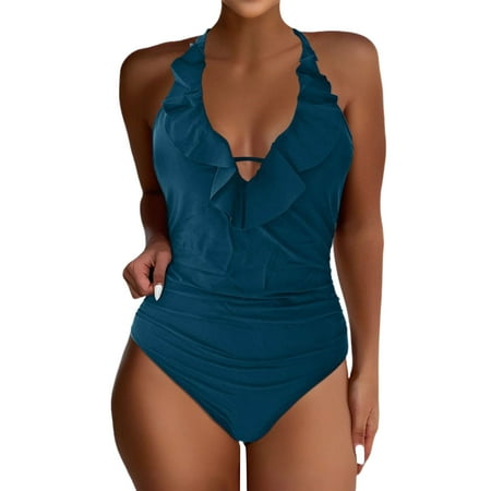 Biziza One Piece Swimsuit for Women Solid Color Basic Green with Built in Bra 2025 Trendy Padded Backless Tummy Control Swimsuits V Neck Spandex Bathing Suits