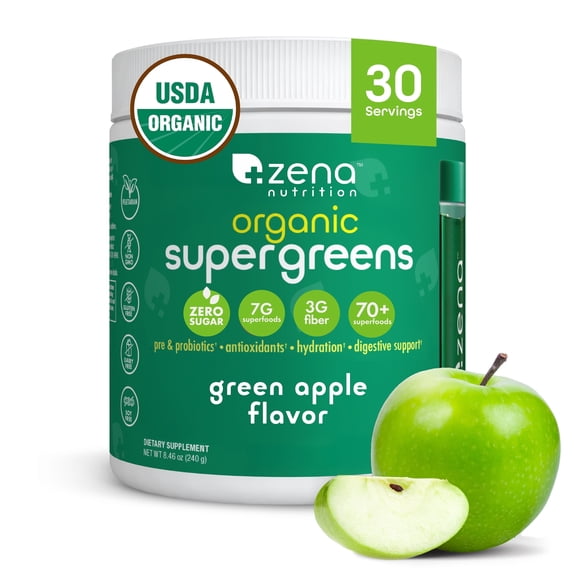 Zena Nutrition Organic Super Greens Powder Tub, Green Apple, 0 Sugar, 3G Fiber, Superfoods, 30 Servings