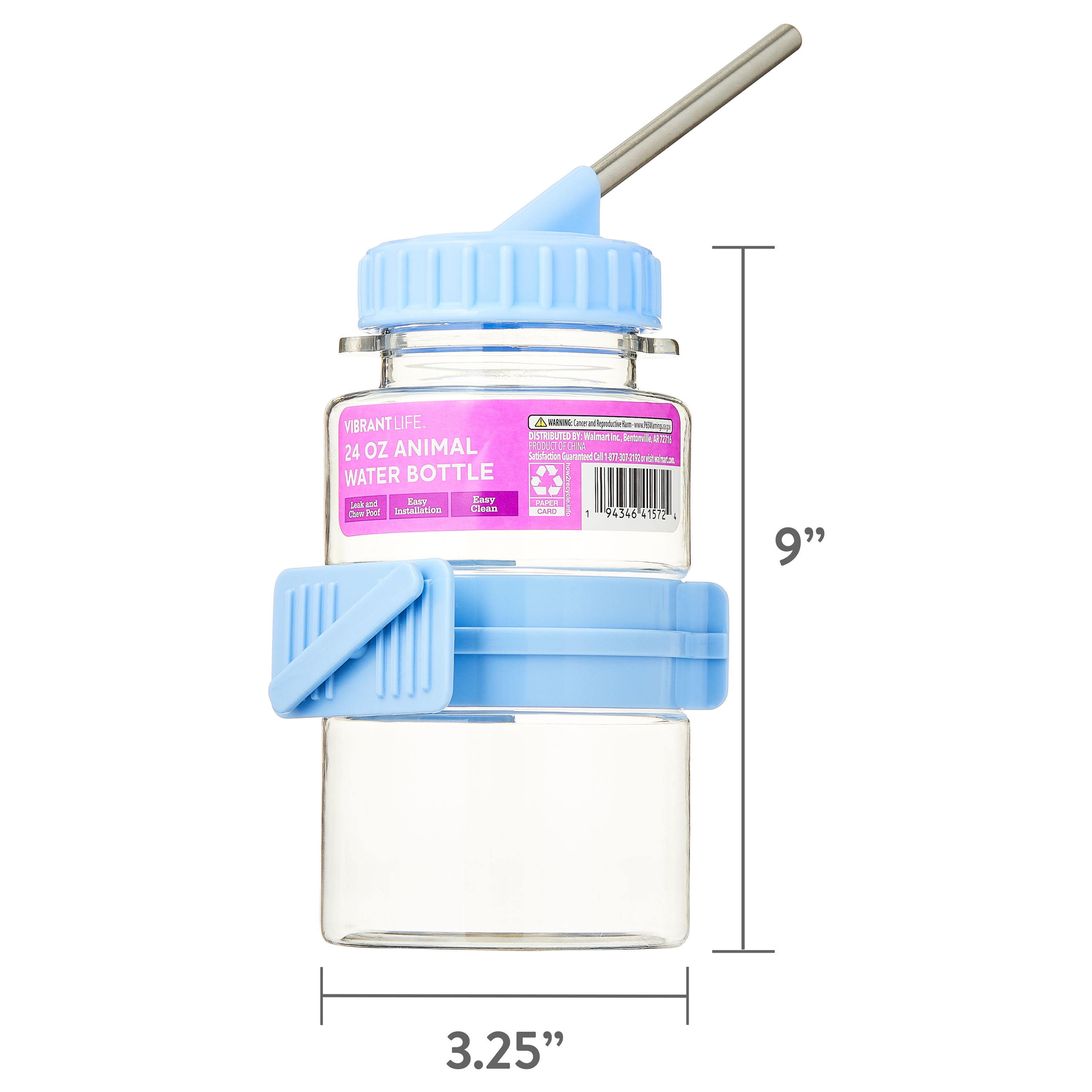Vibrant Life 24 oz No Drip Hanging Pet Water Bottle for Small Animals, Blue