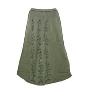 Mogul Women's Skirt Green Stonewashed Embroidered Rayon Flirty Long Skirt