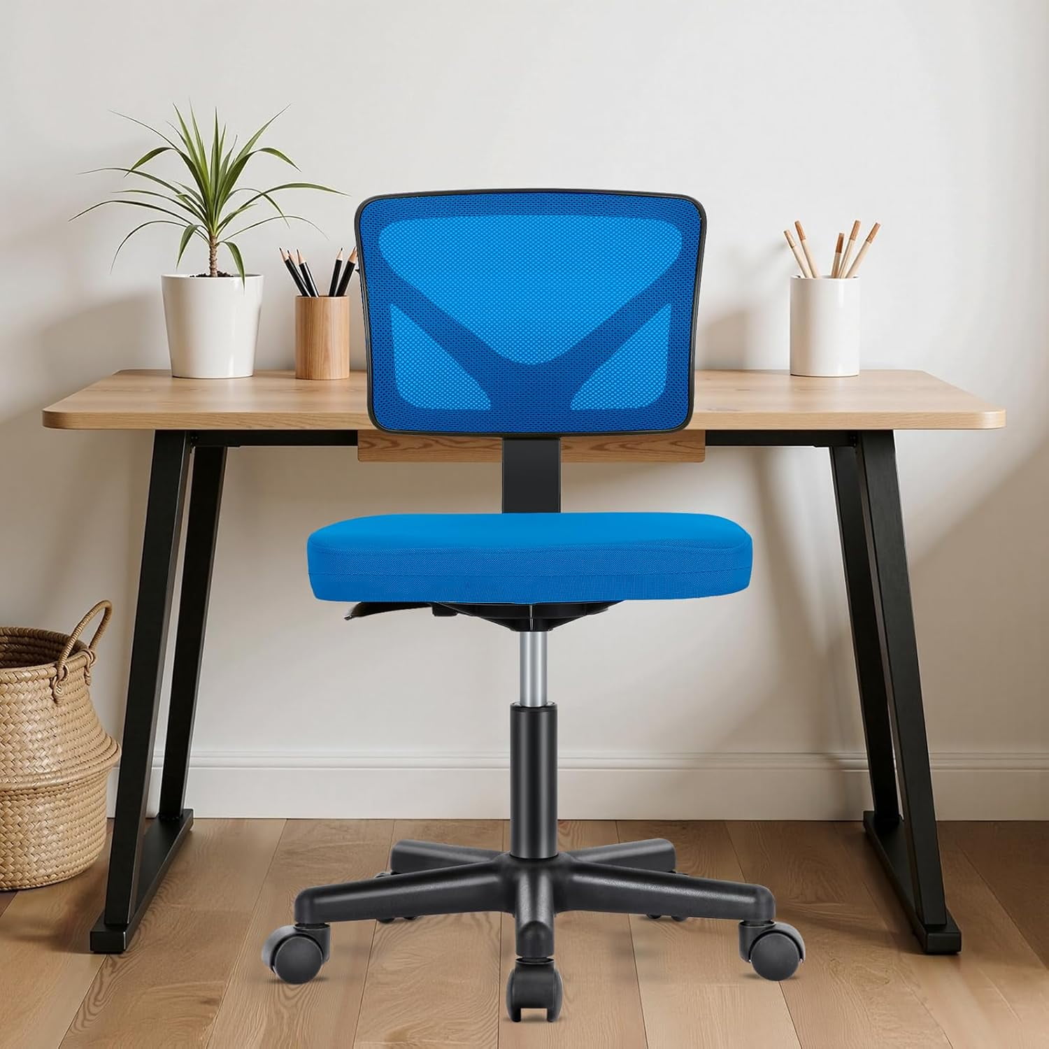 Basics Rolling Desk Chair, Adjustable, Low Back, Padded Seat, Breathable Mesh, Swivel, Blue