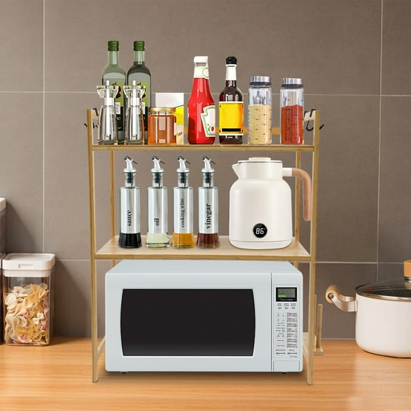 2-Tiers Modern Kitchen Rack Microwave Oven Stand Storage Shelf Countertop Shelf with 9 Hooks & Cutting Board Stand, Tabletop Bakers Storage Rack, Small Table Standing Shelves for Kitchen