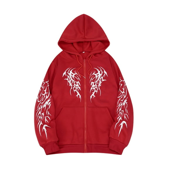 Mens Hoodie Tops Spring Printed Zipper Hooded Long Sleeved Style Mens Workout Clothing,Red,M