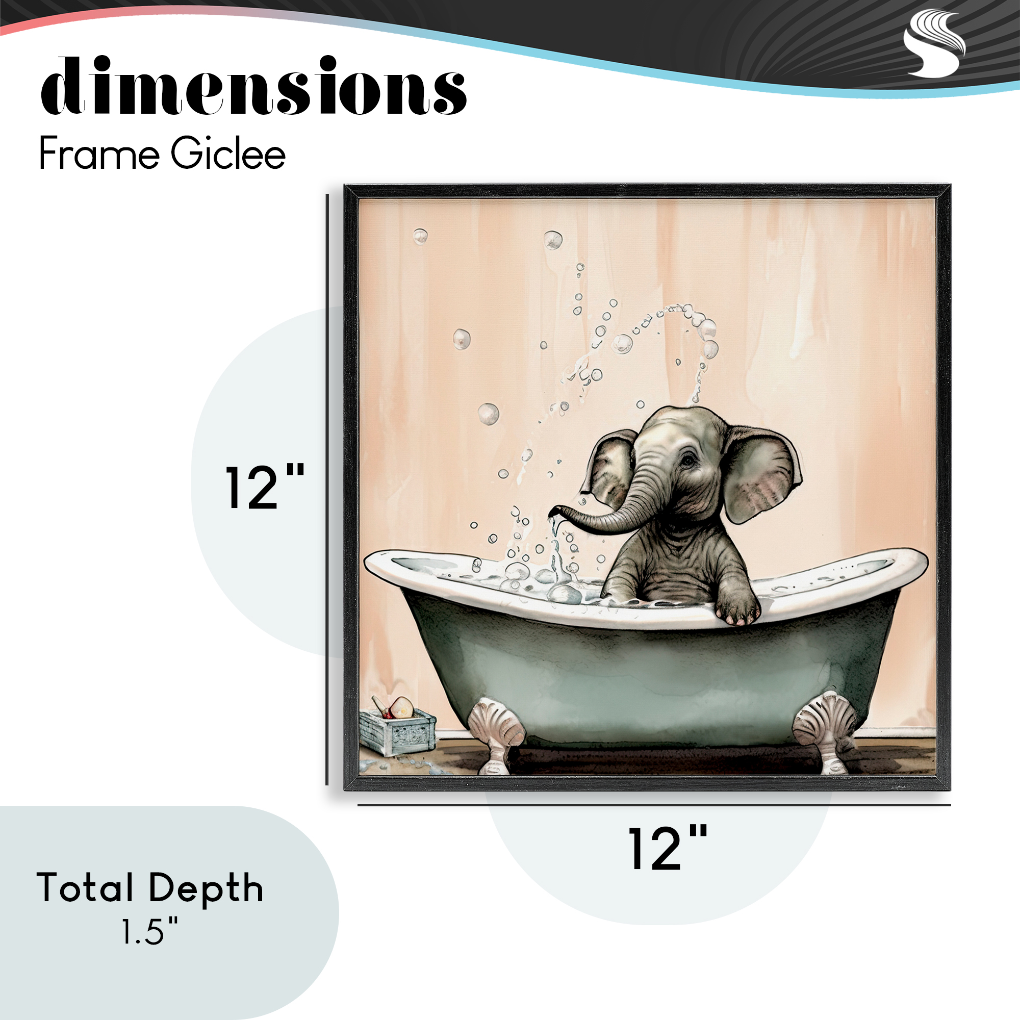Baby Elephant Bubble Bath Black Framed Giclee Art, design by Sasha