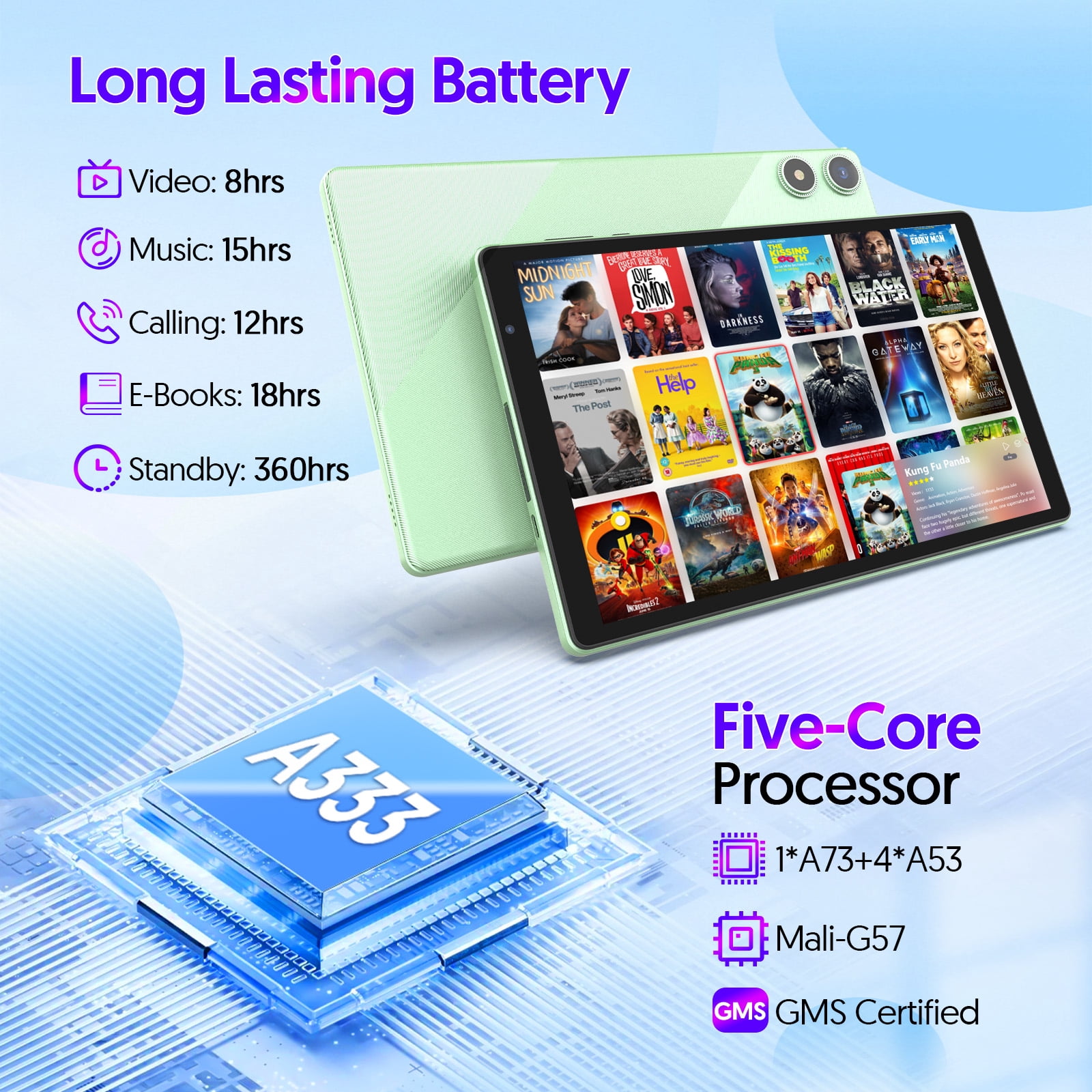 Android 16 Tablet, 10.1 inch, Five-core CPU, RAM 3GB, ROM 32GB (Up to 1TB), 800x1280 IPS, 5G WiFi 6, 2MP+2MP, 6000mAh-Green
