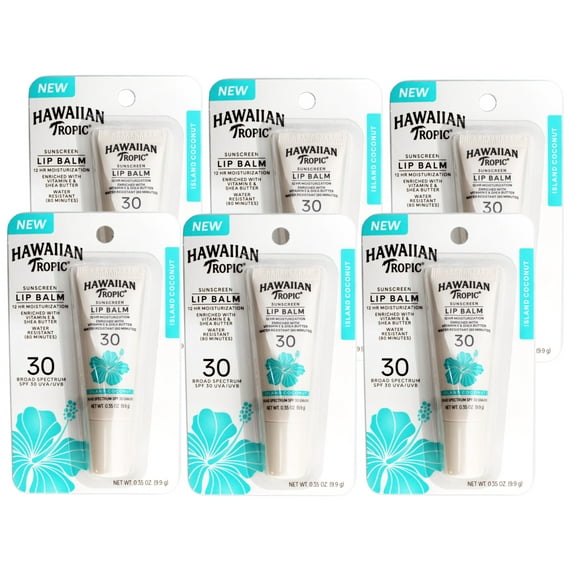 6 Pack - Hawaiian Tropic Sunscreen Lip Balm with Vitamin E & Shea Butter, Water Resistant 80 Minutes, SPF 30, Island Coconut, 0.35 OZ