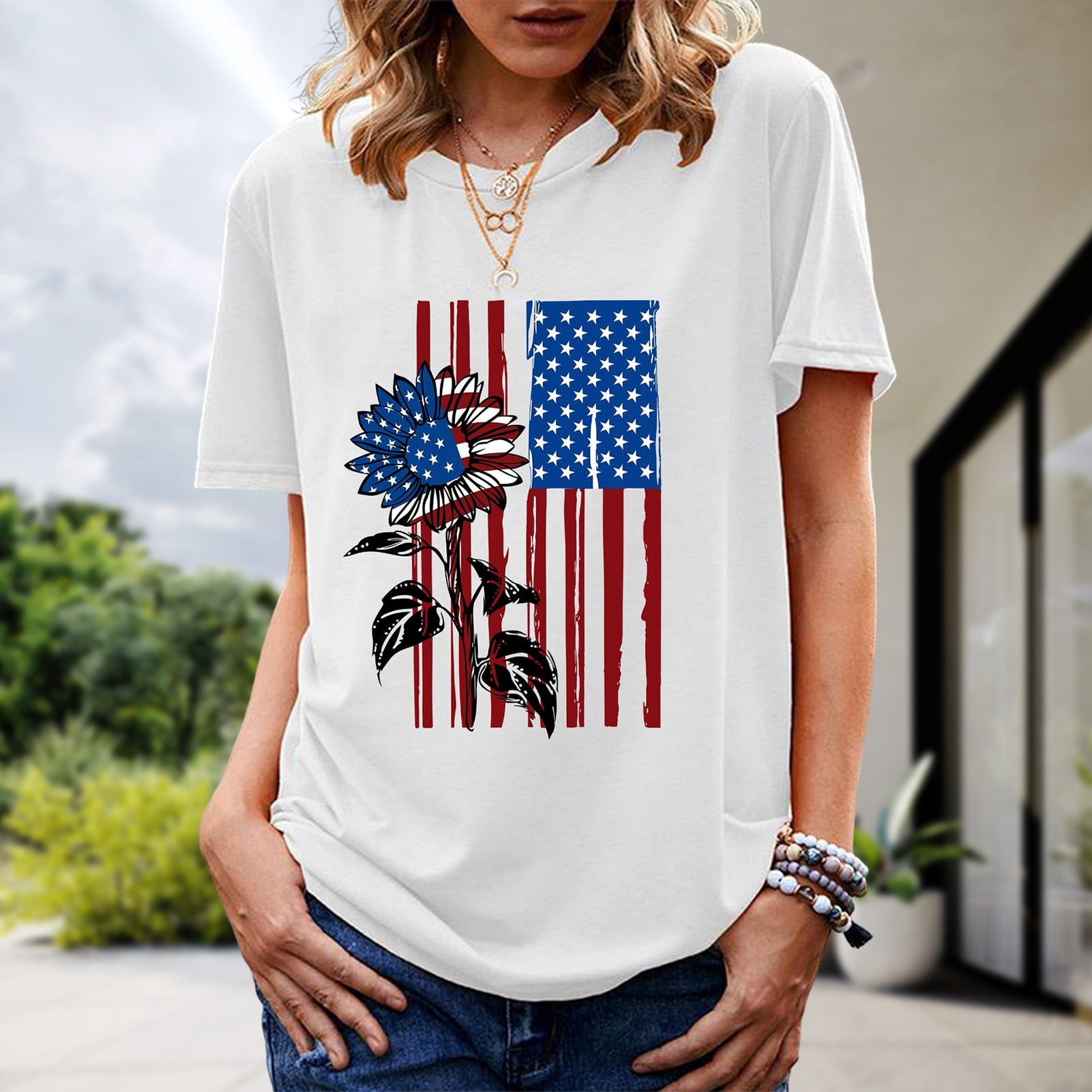 Camiseta De Manga Corta Para Mujer, Con Cuello En V, Estampado De Bandera Estadounidense, Para El 4 De Julio, Para El Día De La Independencia, Blanco, XL
