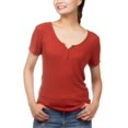 thumbnail image 1 of HIPPIE ROSE Haut Henley Côtelé Extensible à Manches Courtes Col en V pour Femmes Orange TG, 1 of 1