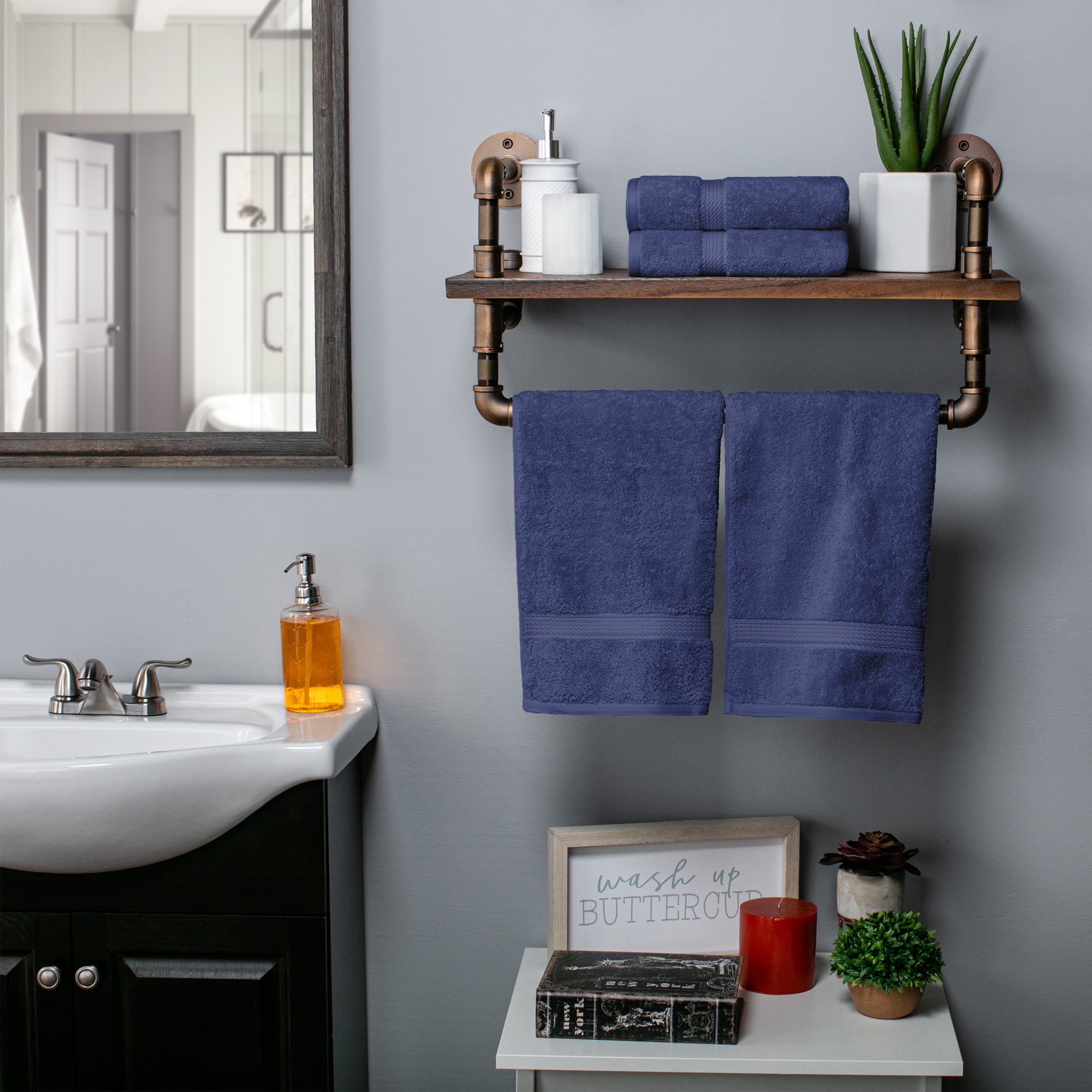 Superior Egyptian Cotton Heavyweight Hand Towel Set of 4, Navy Blue