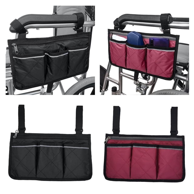 Bolsa de Almacenamiento con Cremallera Lateral para Silla de Ruedas Negra Y Roja, Soporte para Teléfono de Bolsillo para Negro + Vino Macarena Bolsa lateral para silla de ruedas