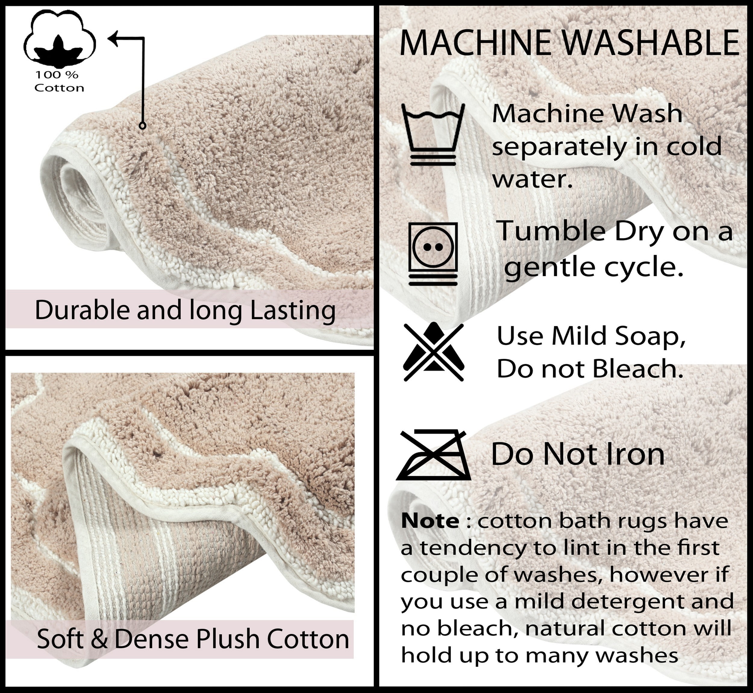 Home Weavers Allure Collection 100% Cotton Non-Slip Bathroom Rug Set Machine Washable Bathroom Rug-17"x24", Bath Rug- 21"x34", U Shaped Contour- 20"x20", Linen Color 3 Piece Bath Rug set