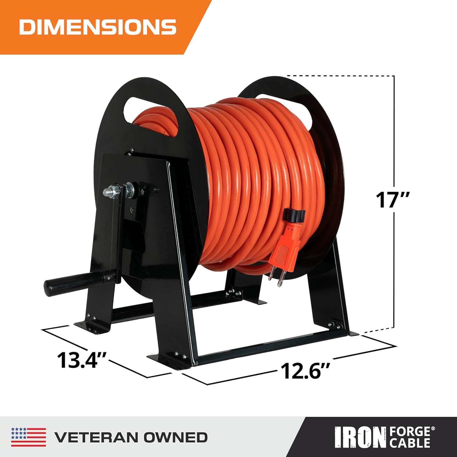Iron Forge Cable RV Power Cord Reel Metal - Heavy Duty Extension Cord Reel, Holds 50ft 50 Amp RV Wire - Ball Bearing Spin, Powder-Coated Black Steel Frame, Floor or Wall Mountable Base