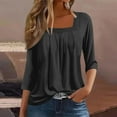 thumbnail image 2 of yunLCZ Casual Tops Discounted A Vintage Solid Color T Shirt With A Square Neck For Ladies A Casual Pleated Loose And Flowing Three Quarter Sleeve Top workout form-fitting T-shirts women, 2 of 7