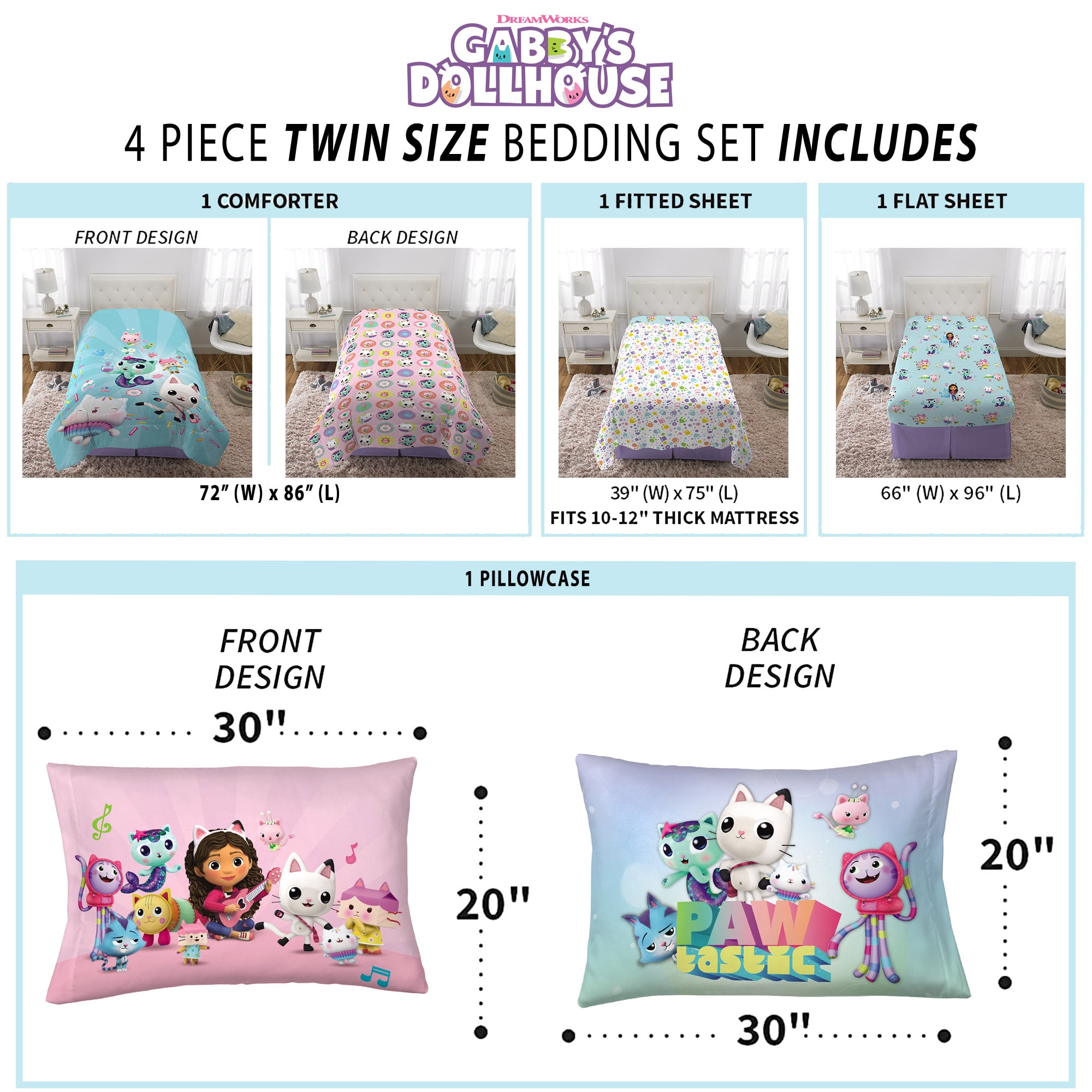 Gabby's Dollhouse Kids 4 Piece Teal Blue White Reversible Comforter, Bed in a Bag, Twin