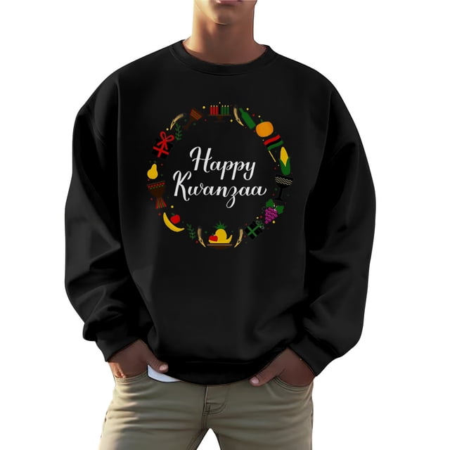 QHFBli Chandail à Col Rond Athlétique pour Hommes Hommes et Femmes Kwanzaa Mode d'Automne Chandail Sans Capuche à Enfiler avec Imprimé de Logo des Fêtes Hauts