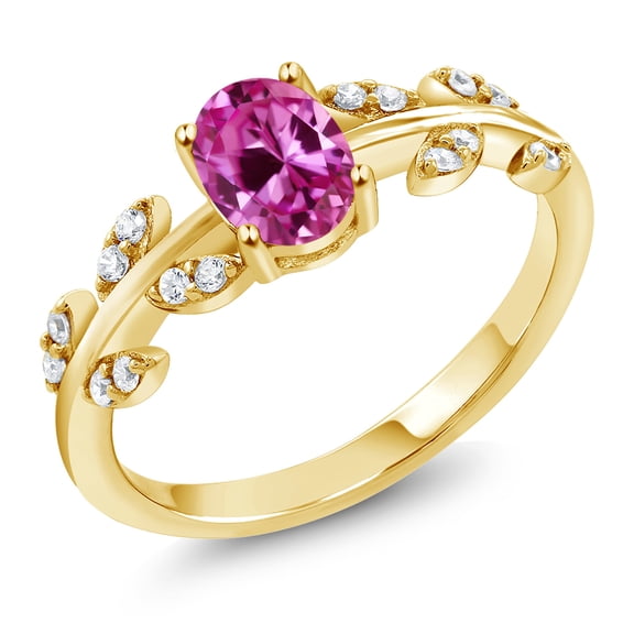 Gem Stone King 18K Yellow Gold Plated Silver 1.11 Ct Oval Pink Created Sapphire Greek Olive Vine Branch Engagement Ring