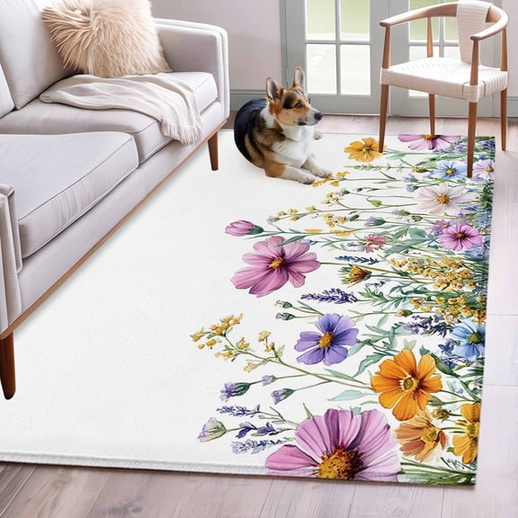 Blossom Wildflowers Area Rug 3x5 Washable Rug Non Slip Spring Botanical Rustic Large Area Rug Indoor Floor Carpet for Entryway Bedroom Kitchen Living Room Home Office Dining Room Nursery
