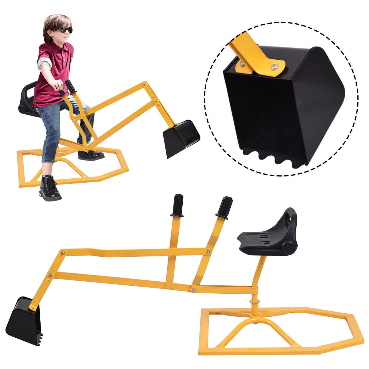 Sandbox Digger Toy Excavator With Wheels- Foldable Playground Equipment For Outdoor Play W/No-Bend, No-Pinch Heavy Duty Metal Ride On Sand Construction Backhoe Fun (Ages 4-12) (Yellow
