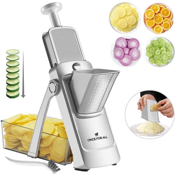 ONCE FOR ALL Adjustable Mandoline Slicer with Container, Vegetable Slicer, Grater for Kitchen, Stainless Steel with 0.1-8mm Thickness & Dishwasher Safe Food Prep Tool